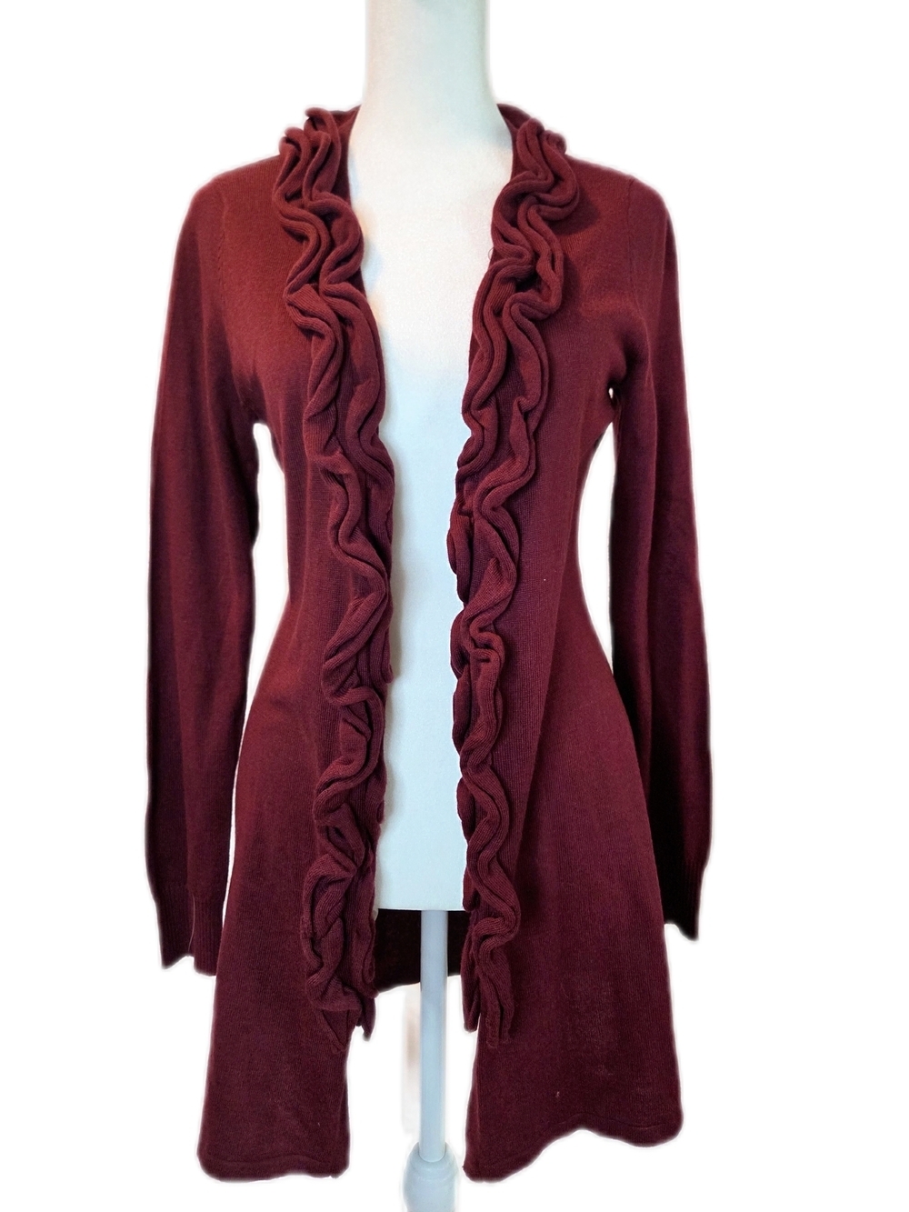 New York & Company Burgundy Ruffle-Trim Open Cardigan XS